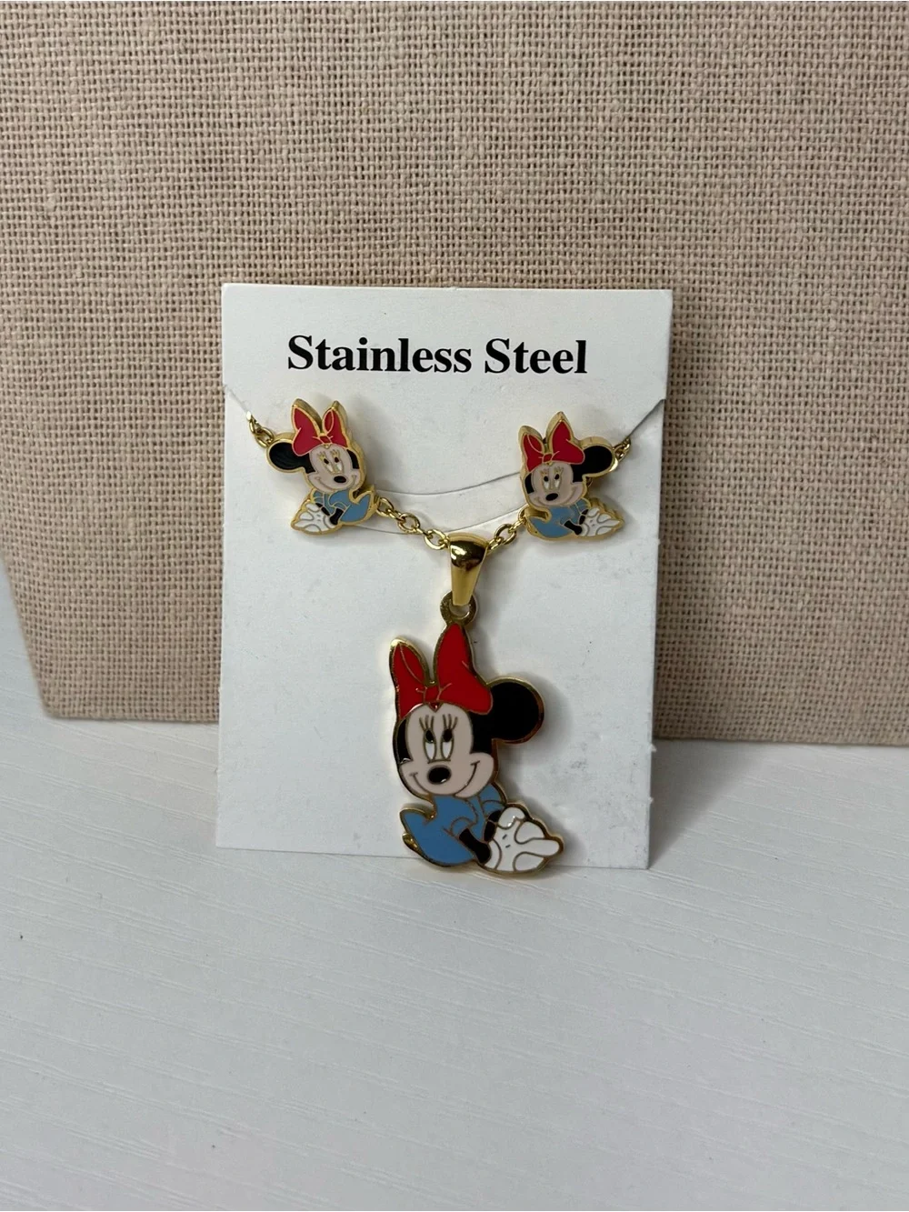 Kids Minnie Mouse Pendant Necklace and Earrings Set - Red, Blue, White